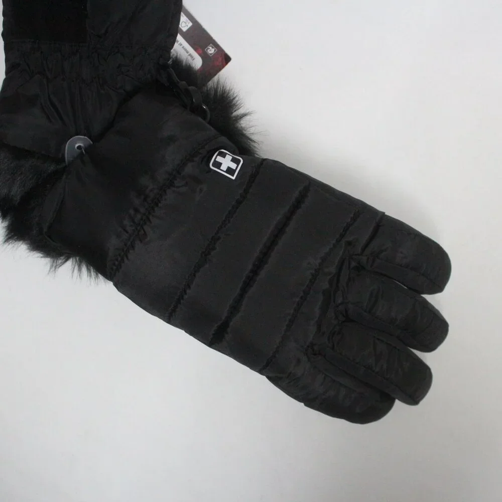 Girls Swiss Tech Quilted S-M Black Peakproof Waterproof Ski Glove Faux Fir Trim